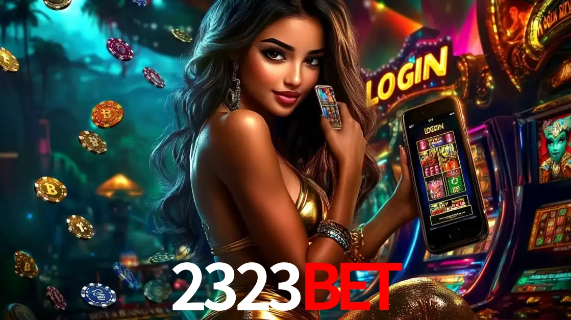 Mulher em um cenário de cassino temático de aventura, mostrando o app de caça-níqueis da 2323bet no celular. Fichas de apostas flutuam ao redor.