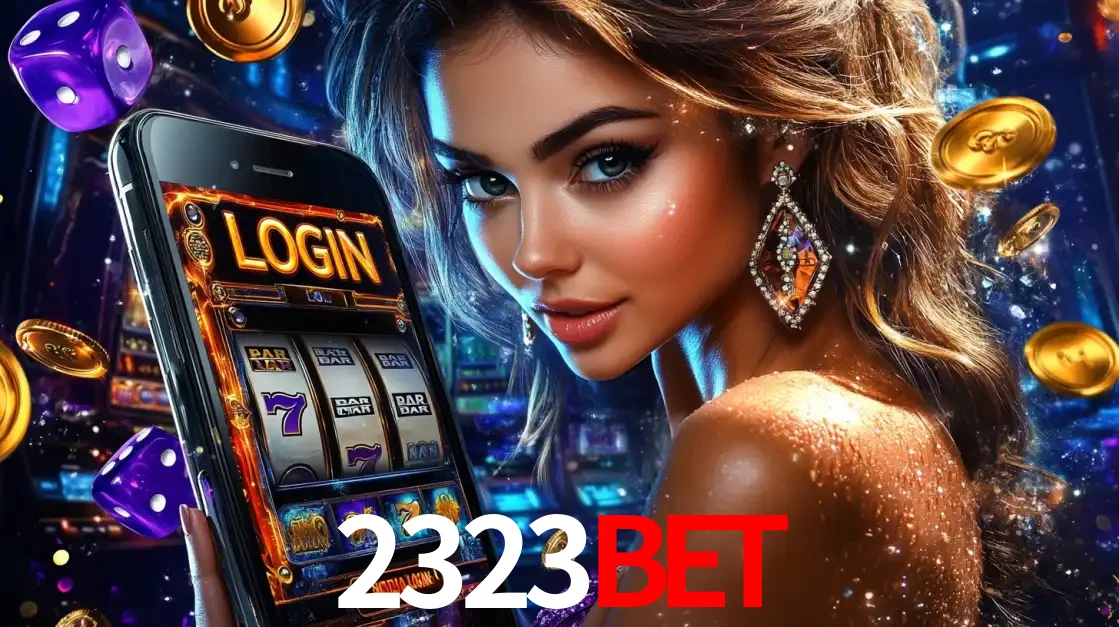 Mulher glamorosa segurando um smartphone com a tela de login para os jogos de caça-níqueis do cassino online 2323bet, com moedas de ouro e dados ao redor.