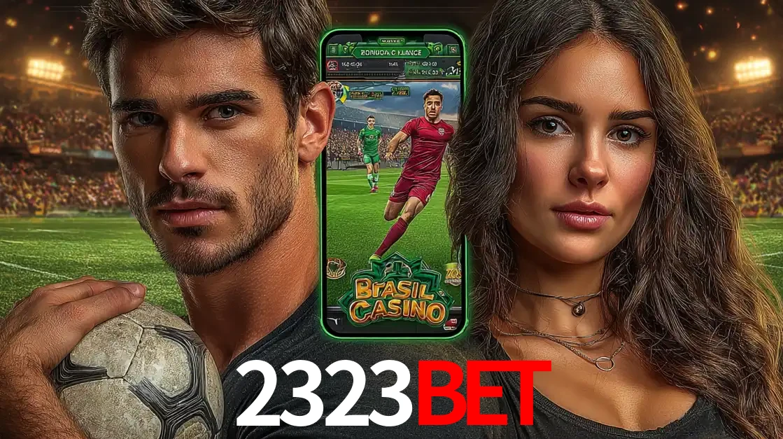 Homem segurando uma bola de futebol e uma mulher ao lado de um smartphone exibindo o jogo de apostas esportivas da 2323bet. Faça seu palpite no cassino online.